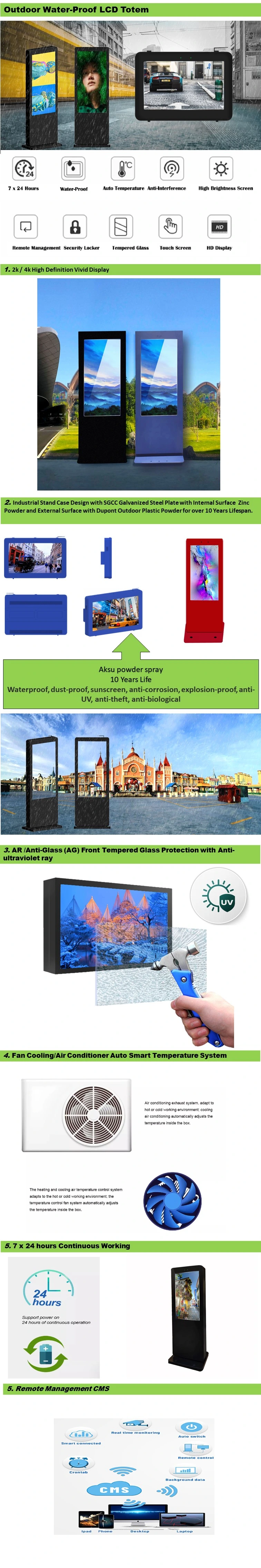 75-Inch Windows System I65 Waterproof Built-in Camera Solar Panel IR Pacp Touch Screen Outdoor AG Tempered LCD Kiosk Totem Digital Signage Player